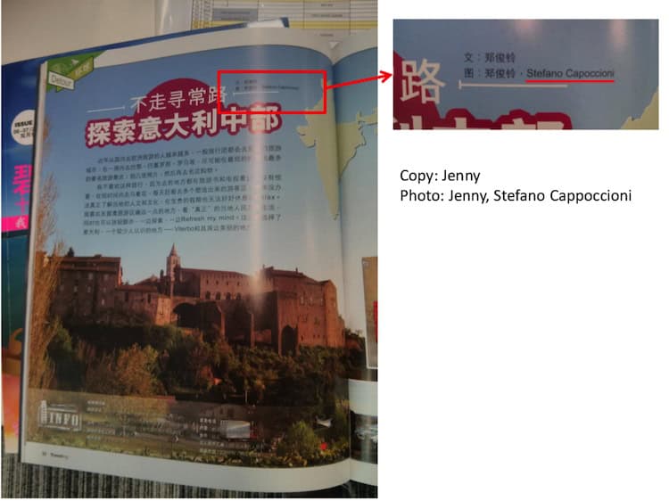 Travel magazine page featuring Italy with acknowledgments and photo credits.