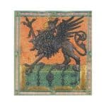 Heraldic emblem of a lion with wings, featuring intricate designs and vibrant colors.