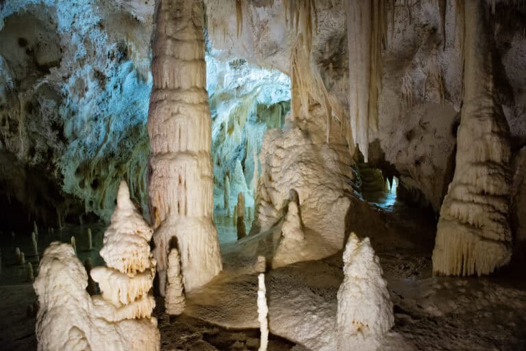 Stalactites and stalagmites inside the Frasassi Caves in Italy.